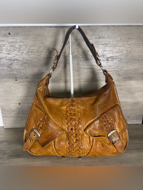 Junior Drake Tan Brown Leather Expandable Hobo Bag 90s Y2K Braided Buckles