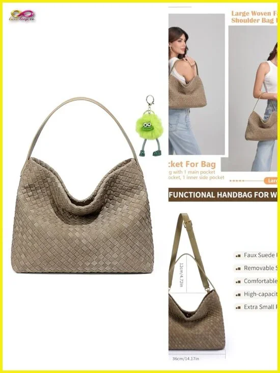 Woven Suede Hobo Bag with Detachable Strap, Slouchy Shoulder Crossbody Bag for