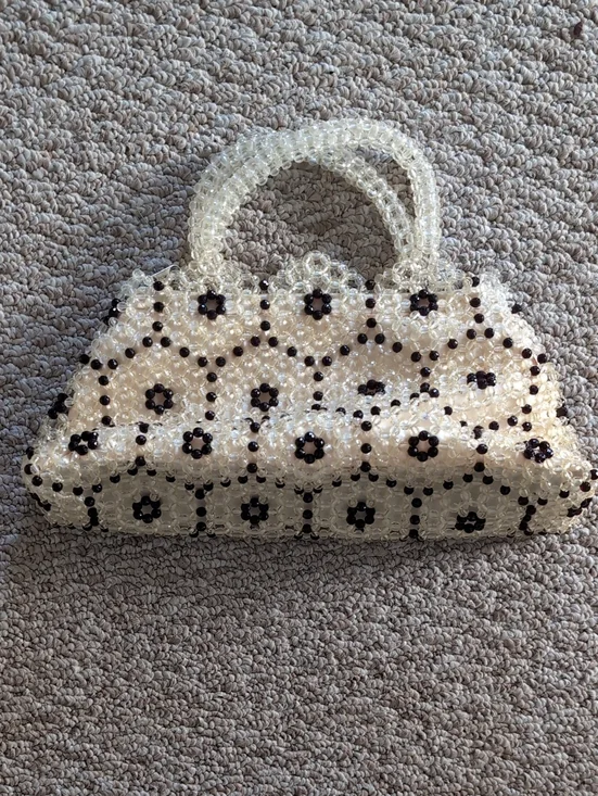 Handmade Beaded Floral Accent Tote - Cream and Black