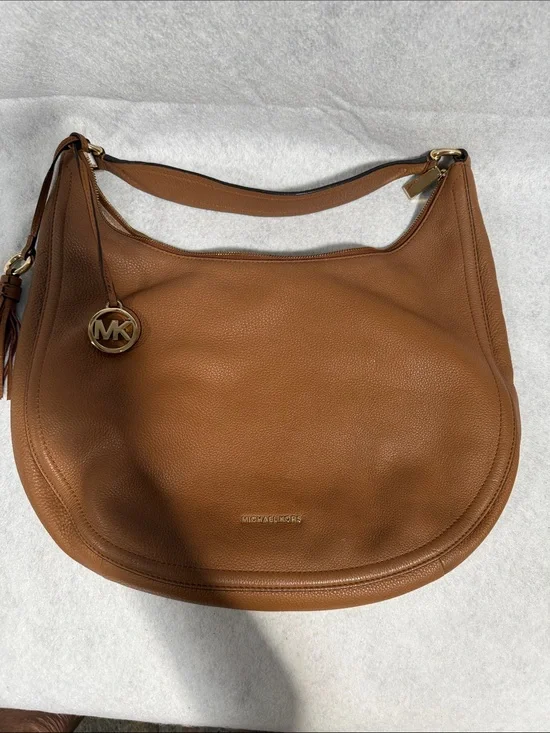Michael Kors Tan Leather Hobo with Gold MK Charm