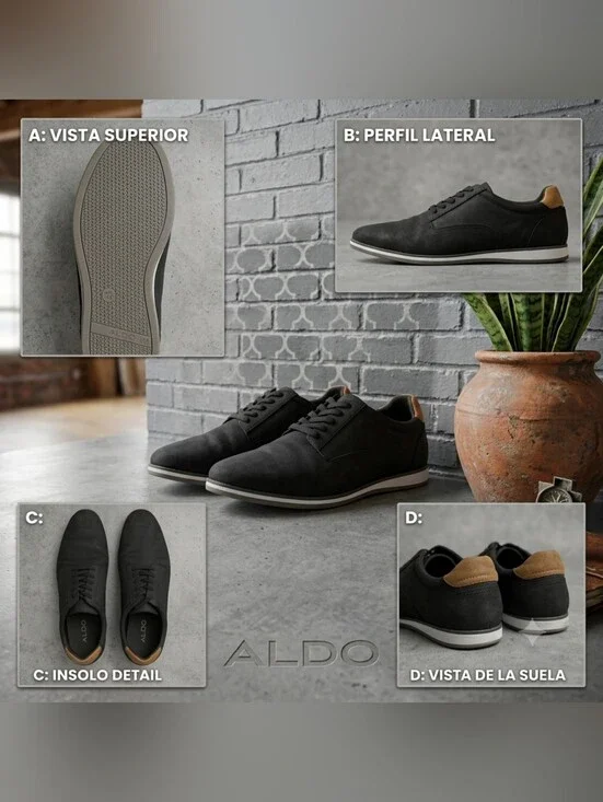 Aldo Men’s Black Derby Shoes with Tan Heel Accent Size 9