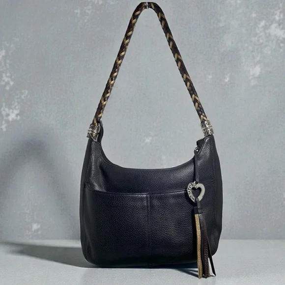 Brighton Black Pebbled Leather Hobo bag with braided leather straps 13.5x9