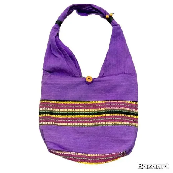 Handcrafted Purple Hobo Bag with Decorative Embroidered Stripes