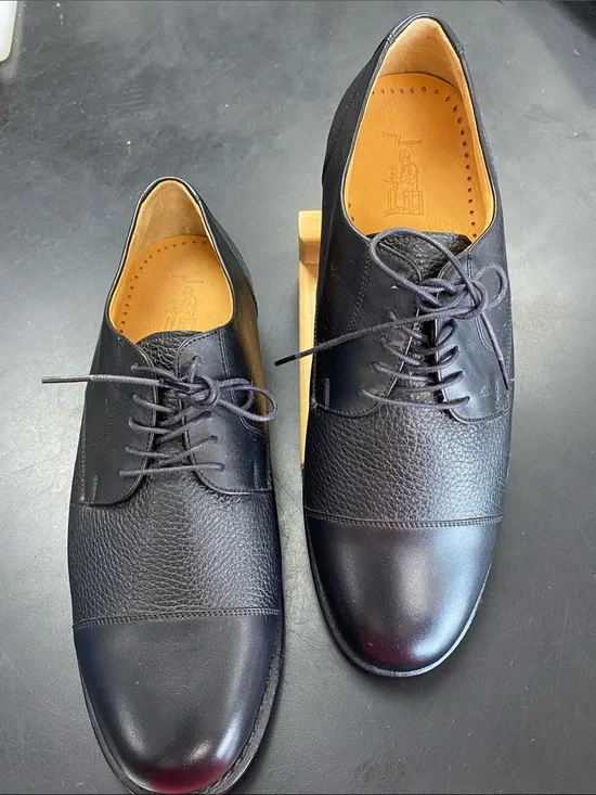 Tauer & Johnson Men's Black Leather Cap-Toe Derby Shoes