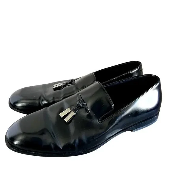 $1150 Salvatore Ferragamo Men's Black Metal Tassel Knot Loafer Shoes Size 12 EUC