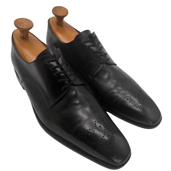 De La Rentis Mens Black‎ Leather Medallion Toe Derby Dress Shoes Italy 6384 12 M