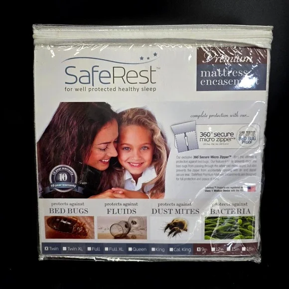 SafeRest Mattress Encasement Twin 9in White Zippered Waterproof Bed Bug Proof