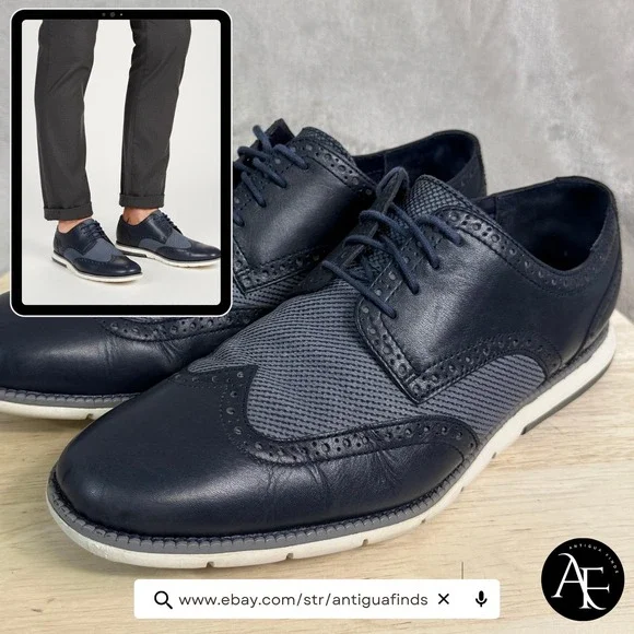 Cole Haan Grand.OS Mens 10.5 M Navy Blue Leather‎ Fabric Wingtip Oxford C20670