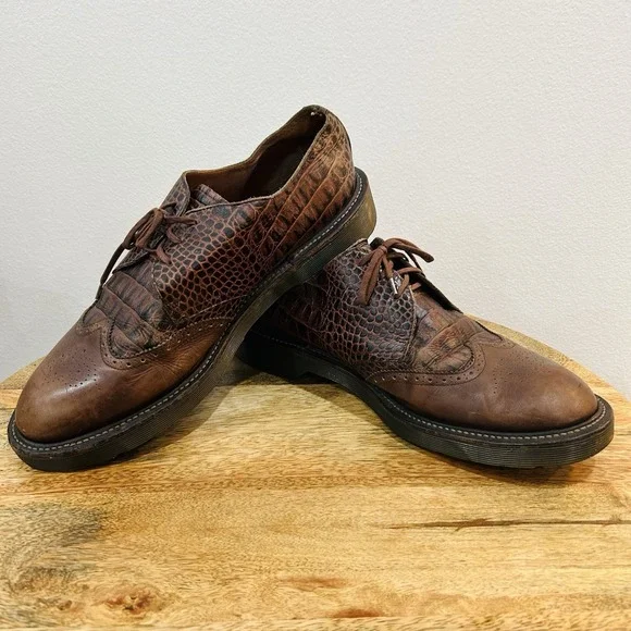 Vintage Dr Martens Brown Leather Oxford Shoes Embossed Crocodile Mens 12 England