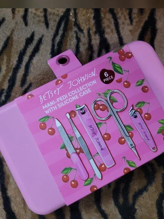 Betsey Johnson Pink Cherry Mani-Pedi 6-Piece Set in Bubblegum Pink Case NEW!