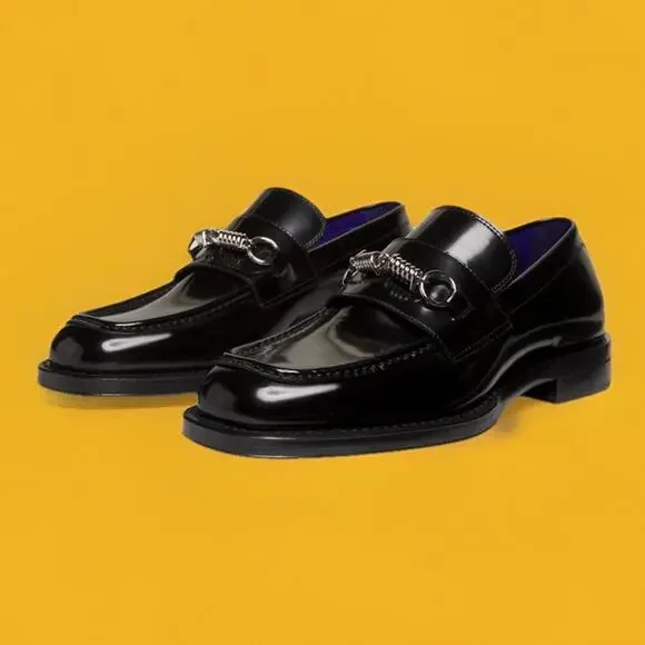 $990 Burberry Leather Barbed Penny Loafers Men's 39/6 Black Moc Toe Slip On
