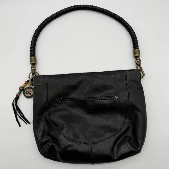 The Sak Indio Demi Leather Hobo Bag Braided Strap Whipstitch Charm Logo Black