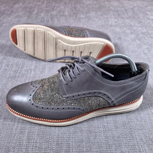 Cole Haan Original Grand Oxfords Mens 9.5 Grey Leather Wool Tweed Wingtip C30344