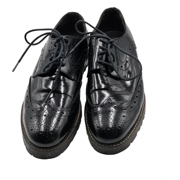Dress Shoes Mens Size 10 Black Leather Brogue Wingtip Oxford Lug Sole Dress