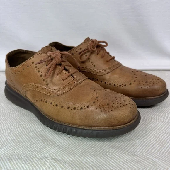COLE HAAN ZeroGrand Mens 9M English Tan Brown Leather Wingtip Oxford Shoes‎