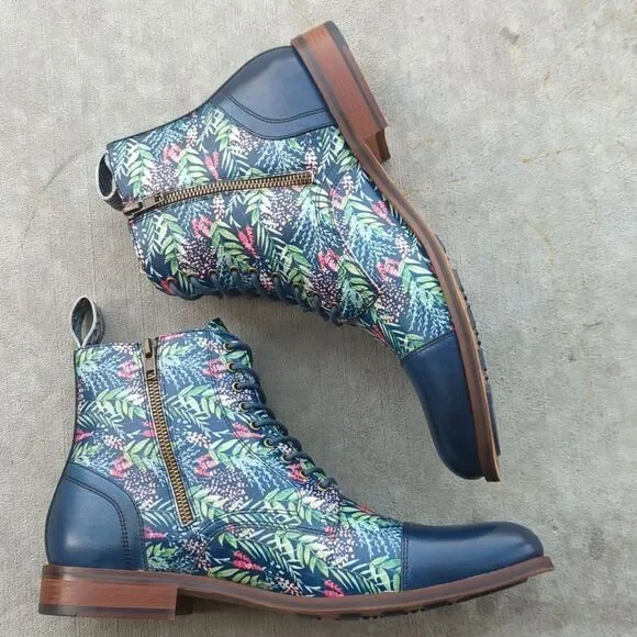 Thatcher Finch Men's Blue Floral Patterned‎ Luxury Derby Dress Boots Size 10