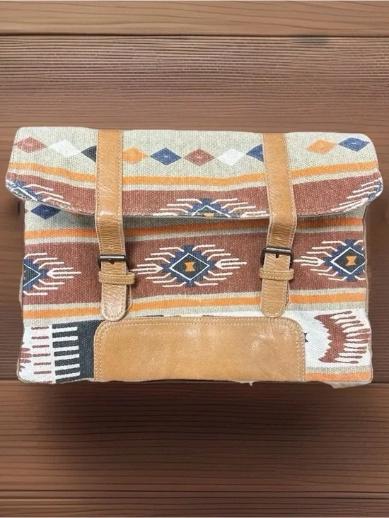 HopoFly Canvas Aztec/Tribal Pattern Messenger Bag with Tan Leather Trim