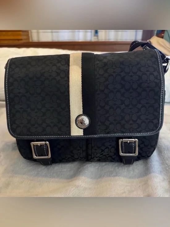 Coach Black Signature Canvas Messenger with Cream Center Stripe