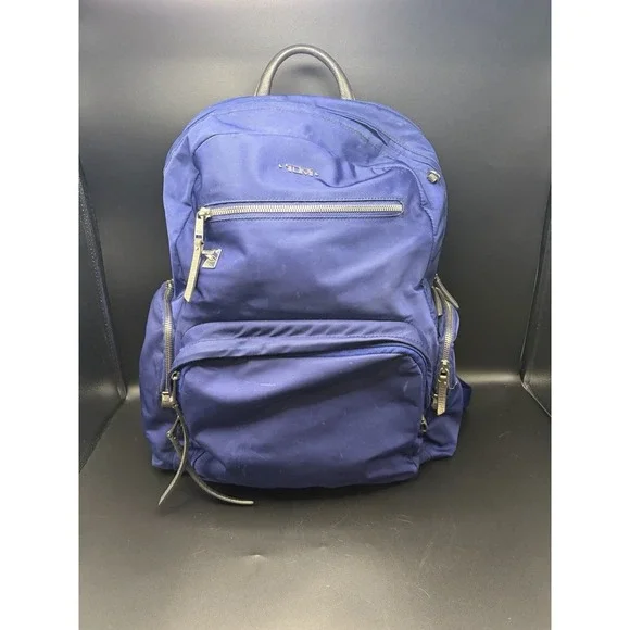 Tumi Voyageur Carson Backpack Navy Leather Trim Nylon Laptop Lightweight Bag
