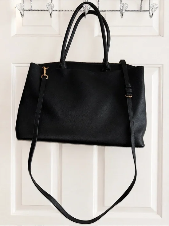 Black Leather Tote Bag with Adjustable Strap - Women's Handbag