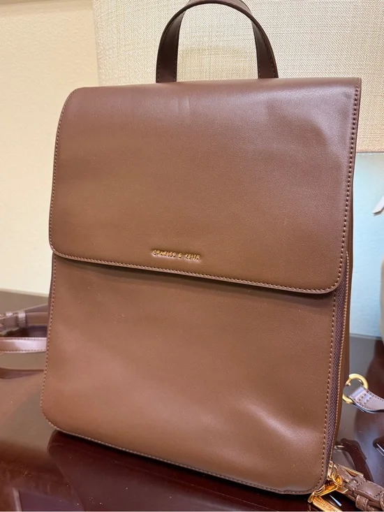 Charles & Keith Brown Smooth Leather Laptop Backpack