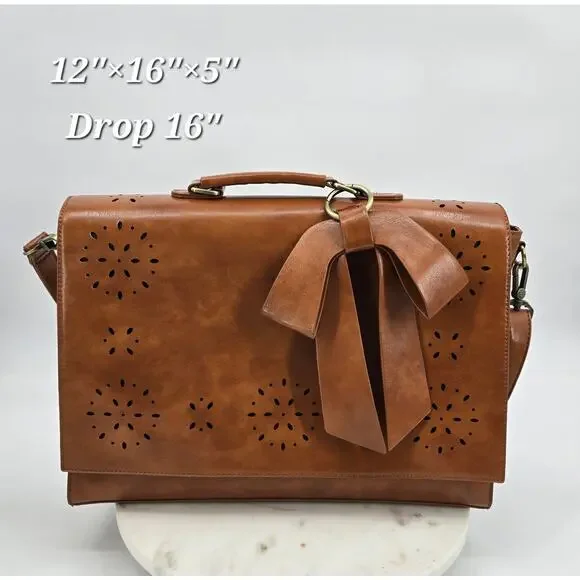 Ecosusi Laser-Cut Bow Satchel Crossbody‎ Bag – Cognac Brown Faux Leather