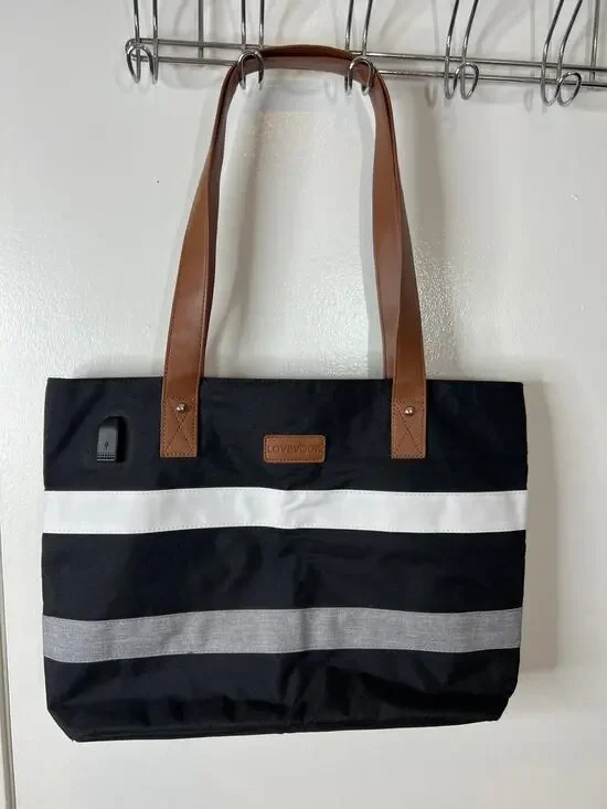 LOVEVOOK Canvas Dual Handle Laptop Tote Bag with USB Port Black/Grey/White