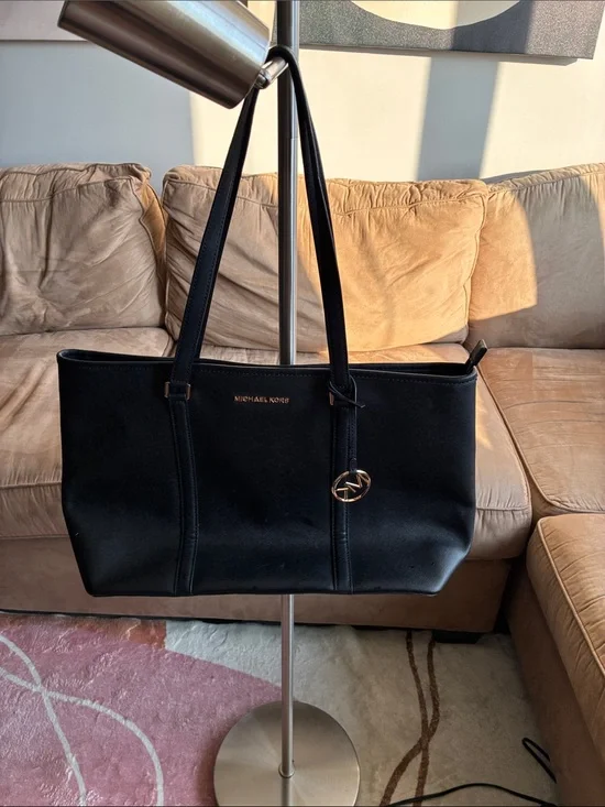 Michael Kors Black Leather Shoulder Tote with Gold Logo Charm