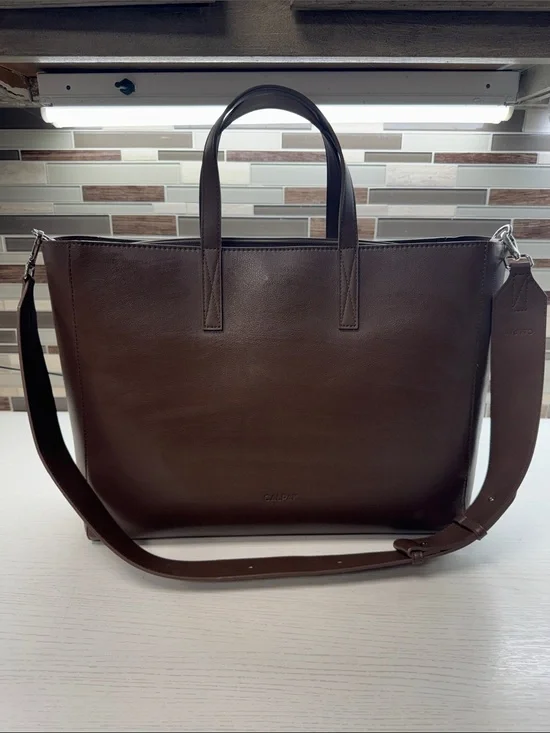 Calpak Brown Leather Laptop Tote with Shoulder Strap