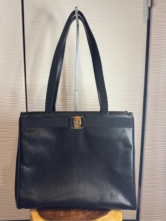 Vintage 1990s Salvatore Ferragamo Black leather Textured Tote with Gold Bow