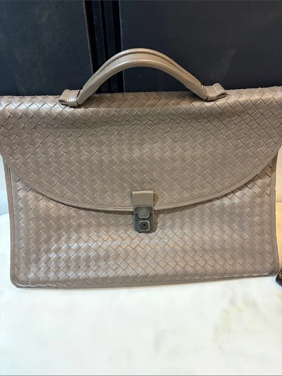 Bottega Veneta Taupe Woven Leather Laptop Briefcase