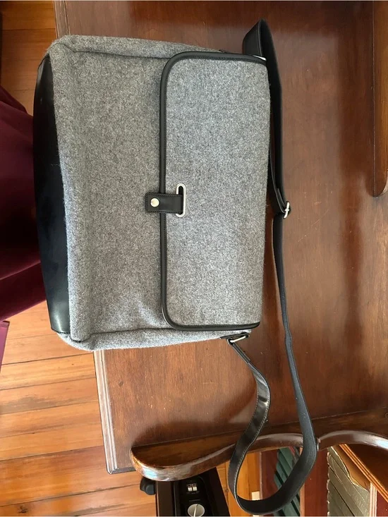 Grey Felt Messenger Bag with Black Trim and Silver Details