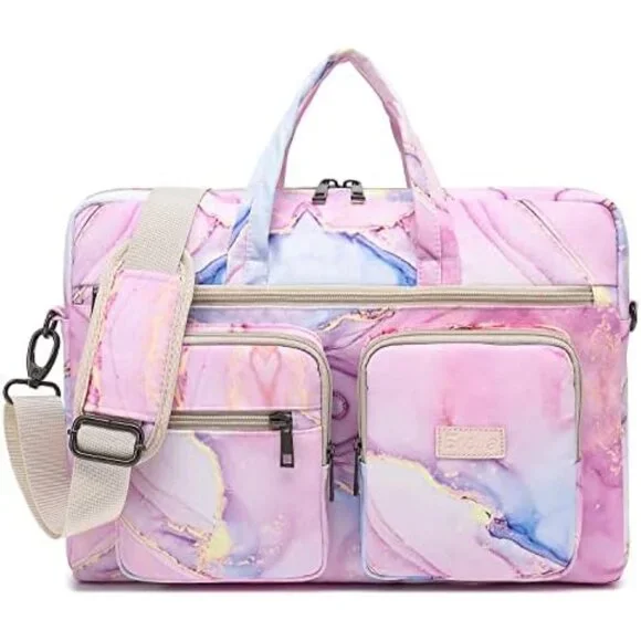 Pink Marble Laptop Tote Bag with Multiple Pockets