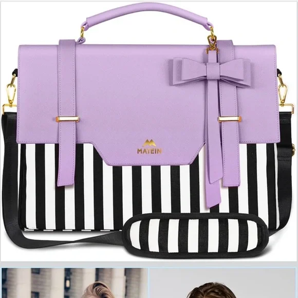 Matein Lavender Stripe Laptop Bag with Bow Accent