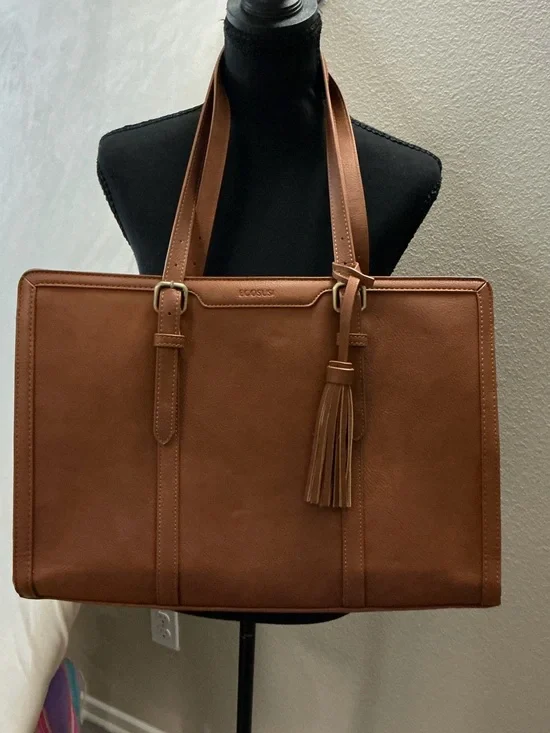 ECOSUSI Brown Vegan Leather Laptop Tote Work Bag 15.6” Tassel Purse