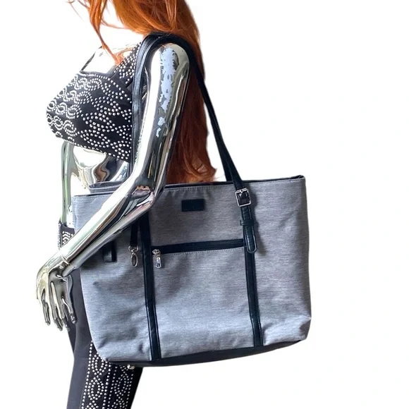 REIAVEL Gray Tote Bag Laptop Grey Canvas Black Leather USB Plug Office Purse‎