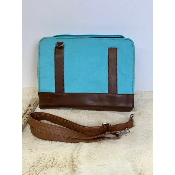 Turquoise Canvas Bible/Book bag Brown Trim Crossbody Briefcase 12 Inch