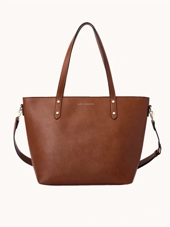 Poppy & Peonies Brown Leather Laptop Tote