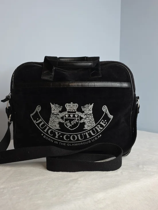 Juicy Couture Black Suede Messenger Laptop Bag with Silver Rhinestone Crest Logo