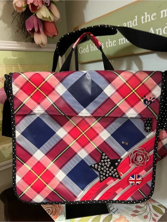 Justice Pink Navy Plaid Laptop Messenger Bag with Star Stud & Union Jack