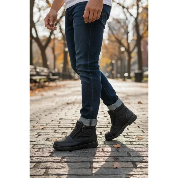 Mens Black Winter Snow Boots‎ Sherpa Lined Side Zip Waterproof Size 12