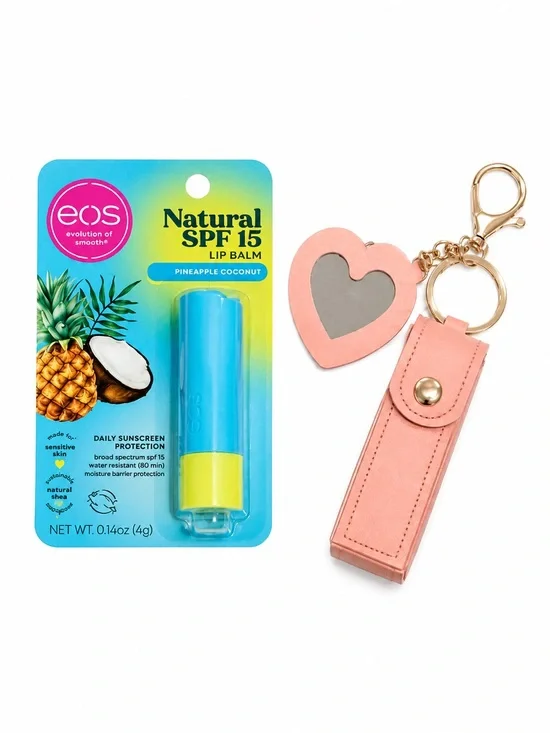 EOS SPF 15 Pineapple Coconut Lip Balm + Pink Heart Keychain Gift Set NWT