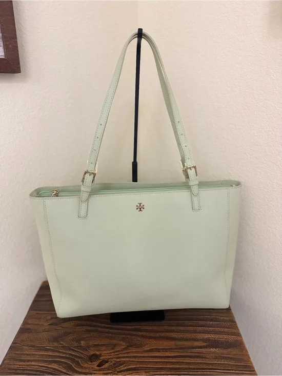 Tory Burch Laptop Tote | Mint Green | Coated Canvas | Work Bag