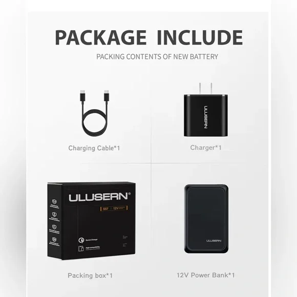 ULUSERN12VPower Bank with Charger and Cable,it can be a heated jacked charge too