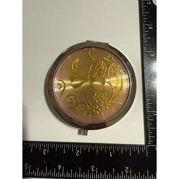 Mallorca Spain Souvenir Compact Mirror Butterfly Iridescent Pink Silver Tone
