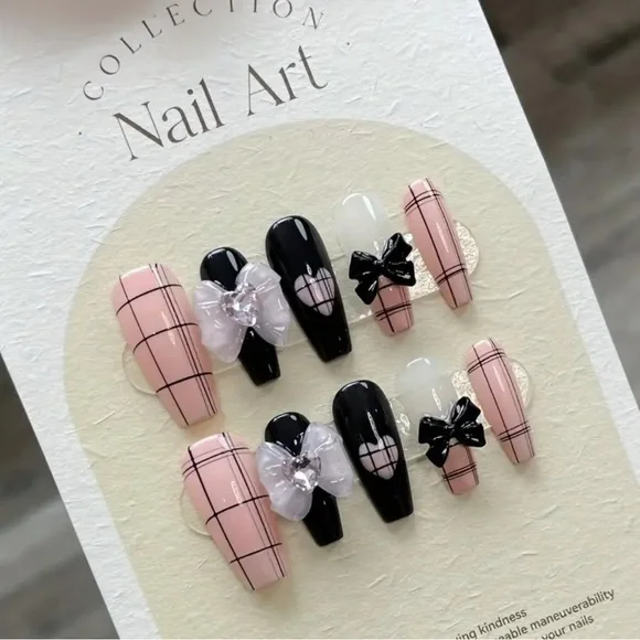 New Pink & Black Plaid 3D Nail Art Set reusable handmade acrylic Medium Length