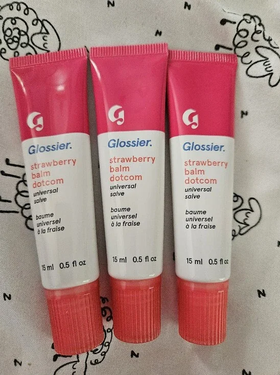 3 Glossier Strawberry Balm Dotcom Trio - Pink & White Tubes