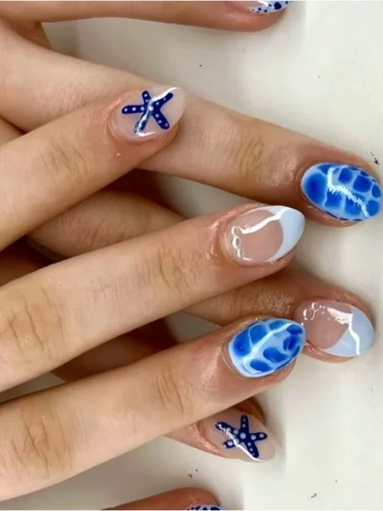 Blue Ocean Nail Art - Starfish & Marble Accents