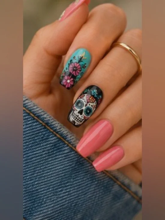 Press-On Nail Skull, Rose - Pink, Black, Teal