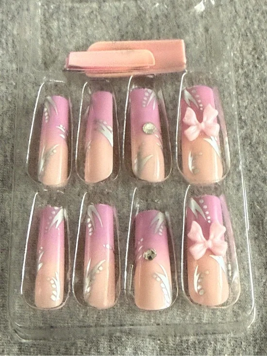 Pink Ombre 3D Bow Press-On Nails - Floral Accent